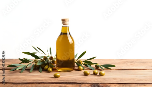 Olive oil bottle and olive branch on a wooden surface top