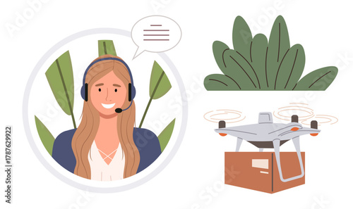 Female support representative with headset and speech bubble, quadcopter delivering package, and leaves. Ideal for customer service, delivery, innovation, nature, communication, logistics