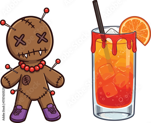 Cartoon voodoo doll with stitched details and vibrant cocktail drink with orange slice, perfect for quirky Halloween or party design