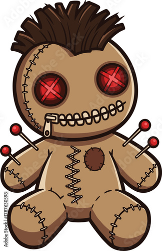 Cartoon voodoo doll with zipper mouth, button eyes, stitched body, and pins—perfect for Halloween design, spooky art, or folklore theme