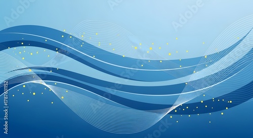 Abstract blue waves with digital data flow and particles