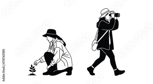 Vector illustration of woman planting and bird watching outdoors