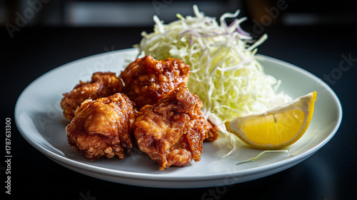 外はカリッと中はジューシーな揚げたての日本風唐揚げと千切りキャベツ