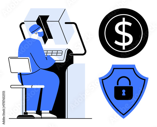 Professional at computer analyzing data with dollar and secured lock shield icons. Ideal for cybersecurity, financial safety, data protection, online security, fraud prevention, digital economy
