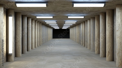 Empty Modern Hallway with Concrete Walls and Bright Fluorescent Lighting in Perspective View