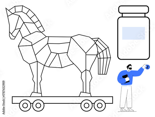 Trojan horse on wheels next to vial and researcher inspecting with magnifying glass. Ideal for cybersecurity, threat identification, malware, data protection, digital risks, research, simple flat