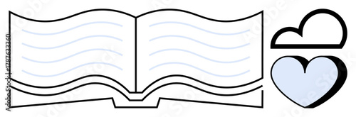 Open book with curved lines symbolizing text and two overlapping hearts. Ideal for education, learning, reading passion, literature, creativity, storytelling, and self-development. Minimal flat