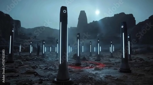 Futuristic Landscape with Monolithic Structures Under Moonlight in Alien Terrain