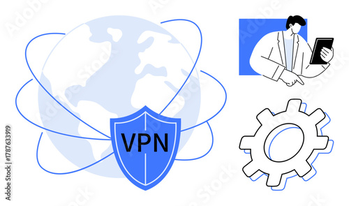 Globe with VPN shield icon symbolizes secure global connection. Gear represents configuration, man holding tablet signifies user interaction. Ideal for cybersecurity, internet safety, technology