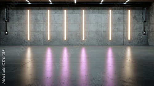 Modern industrial interior with illuminated walls and polished concrete floor design backdrop