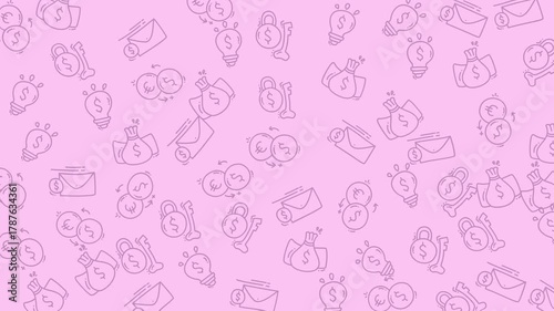 Doodle Finance Displays light purple icons of money ideas and envelopes on pink. Suitable for financerelated websites, social media posts, or business presentations.