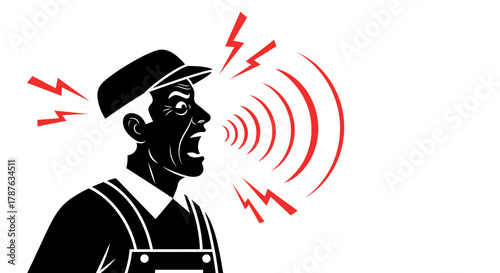Angry man shouting loud vector illustration and sound waves art