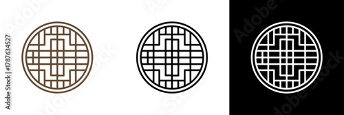 A circular geometric pattern inspired by traditional Asian window designs, shown in brown, black, and white variations for elegant and versatile decorative use.