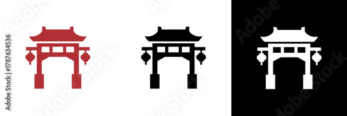 Chinese gate — A traditional red Chinese archway with hanging lanterns, depicted in color, black, and white, representing welcome, culture, and festive tradition.