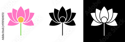 Lotus flower — A stylized pink lotus blossom with a green stem, displayed in color, black, and white, representing purity, enlightenment, and spiritual growth.