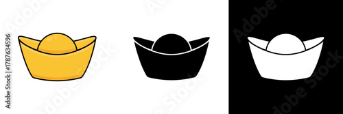 A depiction of a traditional Chinese gold ingot, shown in yellow, black, and white forms, symbolizing wealth and prosperity.