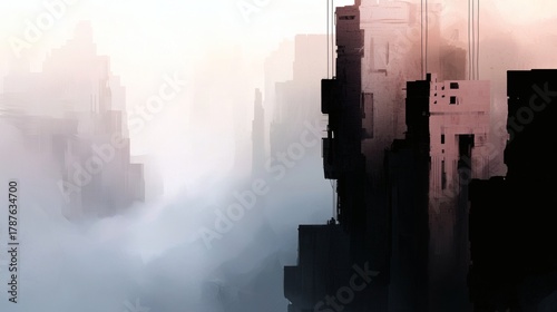 Surreal Foggy Landscape with Abstract Structures and Dreamy Atmosphere in Digital Art Format