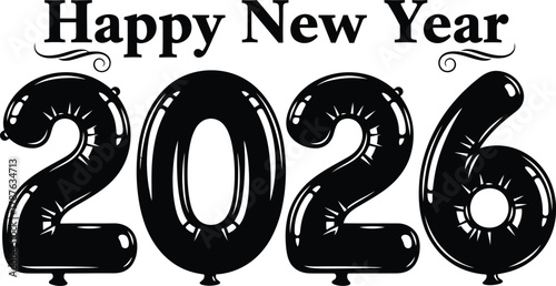 Happy new year 2026 celebration with shiny black balloons and festive typography