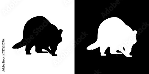 A simple black-and-white silhouette of a raccoon standing and sniffing the ground, depicted in mirror contrast versions on light and dark backgrounds.