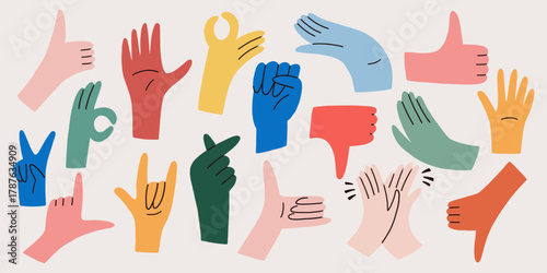 Hand Finger Gesture Icon Set. Cute Hand Sign Hold, Thumb, Ok Sticker