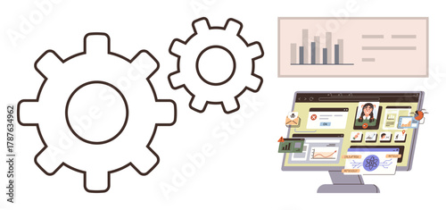 Gears represent process automation a desktop monitor displays data charts, reporting tools, workflow optimization visuals. Ideal for technology, workflow, analytics, productivity, management