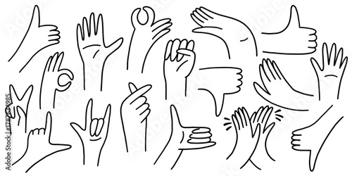 Doodle Hand Gesture Icon Set. Hand Finger Sign Thumb Up and Ok in Line Style