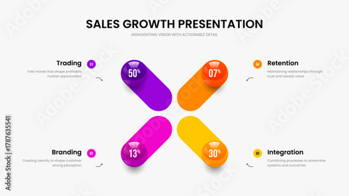 Clean Showcase Four Element Diagram Slideshow Template. Enterprise Campaign 4 Step Infographic Presentation Layout. Company Introduction Frame Design Vector Illustration.