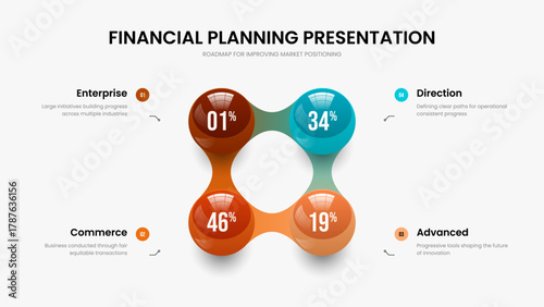 Product Profile Presentation Design Vector Illustration. Educational Review 4 Step Chart Frame Template. Investor Planning Four Element Diagram Slide Layout.