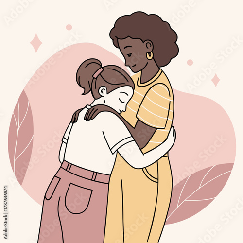 Illustration of a mother embracing her daughter in a loving and supportive gesture on a light background