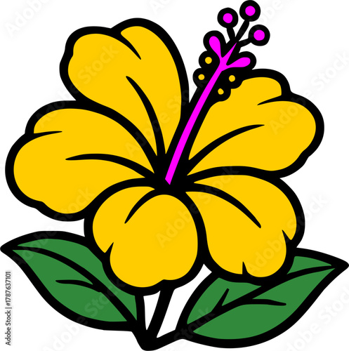 Vibrant hibiscus flower illustration. Tropical, exotic, and retro botanical design.