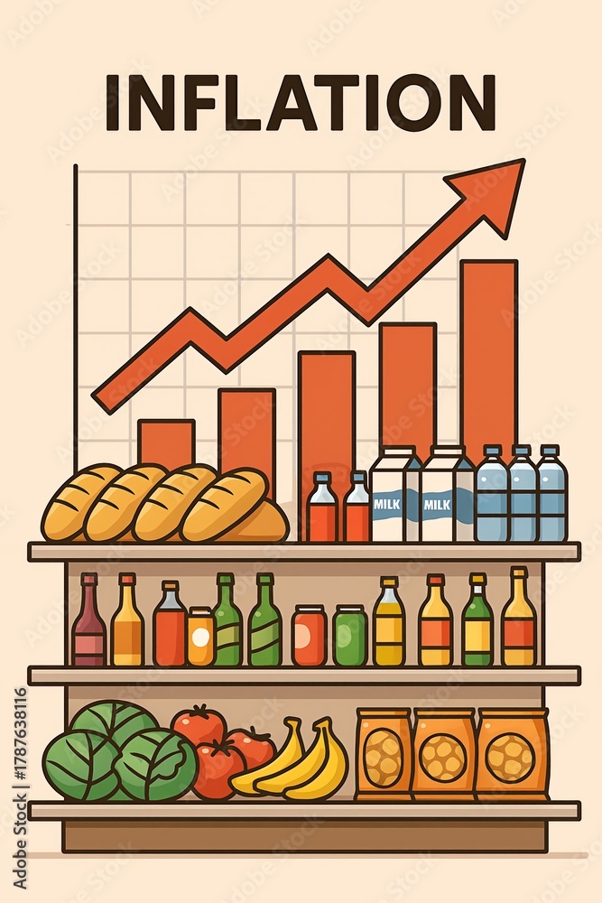 Obraz premium Visualizing the economic impact of rising prices with a graph of inflation over shelves stocked with groceries, symbolizing the increasing cost of living