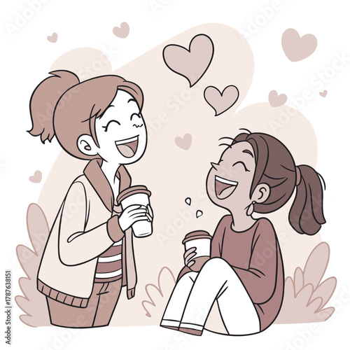 Two girls laughing and holding coffee cups with hearts floating above them in a light background scene