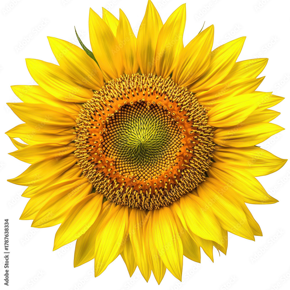 Fototapeta premium A sunflower in full bloom. its bright yellow petals and intricate seed pattern at the center. set against a soft white background. perfect for nature-themed projects