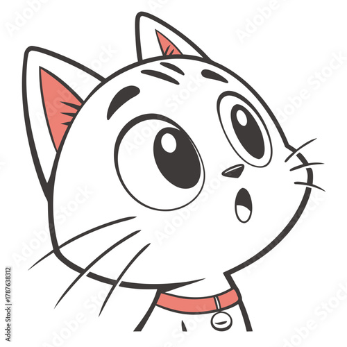 Cartoon cat with wide eyes and a surprised expression looking upwards with a red collar and bell charm
