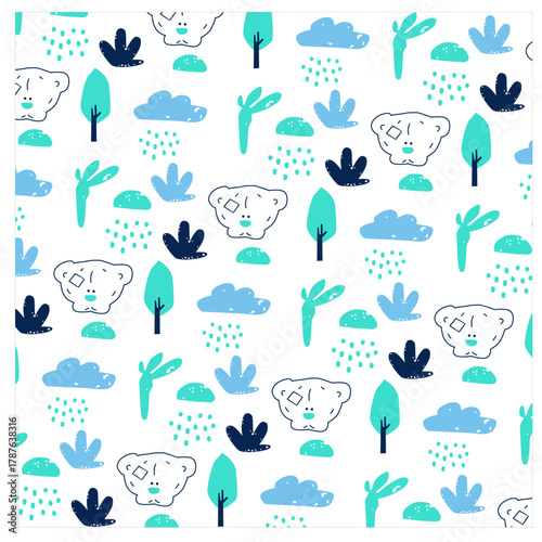 cute teddy with tree all over pattern print illustration