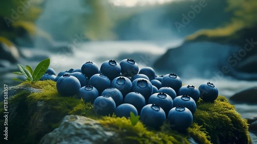 Close Up Shot of Fresh Blueberries on Mossy Rock with Flowing Water Background
