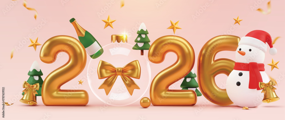 Naklejka premium Christmas and New Year 2026 celebration with golden numbers and snowman.