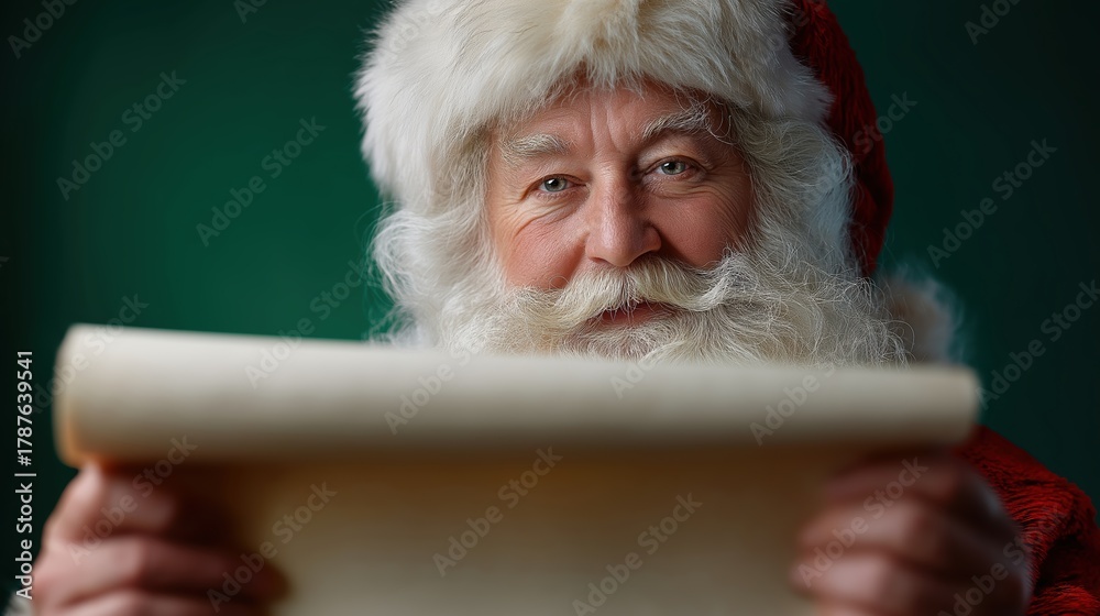 Naklejka premium santa clause on green/red background smiling and holding an empty scroll front of his face the focus is on the scroll the face of santa clause is slightly blurry.