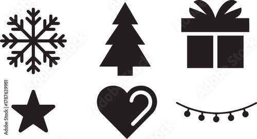 Black and white vector illustration of Christmas icons: snowflake, tree, present, star, heart with candy cane, lights garland.