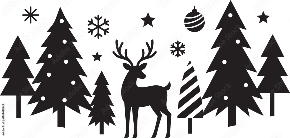 Naklejka premium Christmas Silhouette Scene with Deer, Trees, and Snowflakes