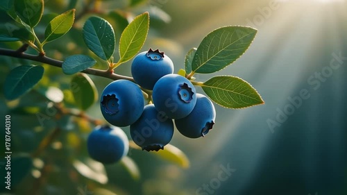 Close Up View of Ripe Blueberries on a Branch with Green Leaves and Sunlight in the Background