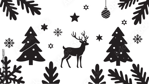 Black and White Christmas Illustration with Deer and Trees