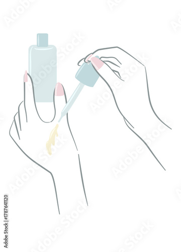 dropper dripping serum onto the forearm, showing skincare absorption and treatment application. The gentle style expresses softness and dermatological care
