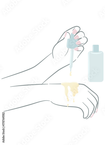 dropper dripping serum onto the forearm, showing skincare absorption and treatment application. The gentle style expresses softness and dermatological care