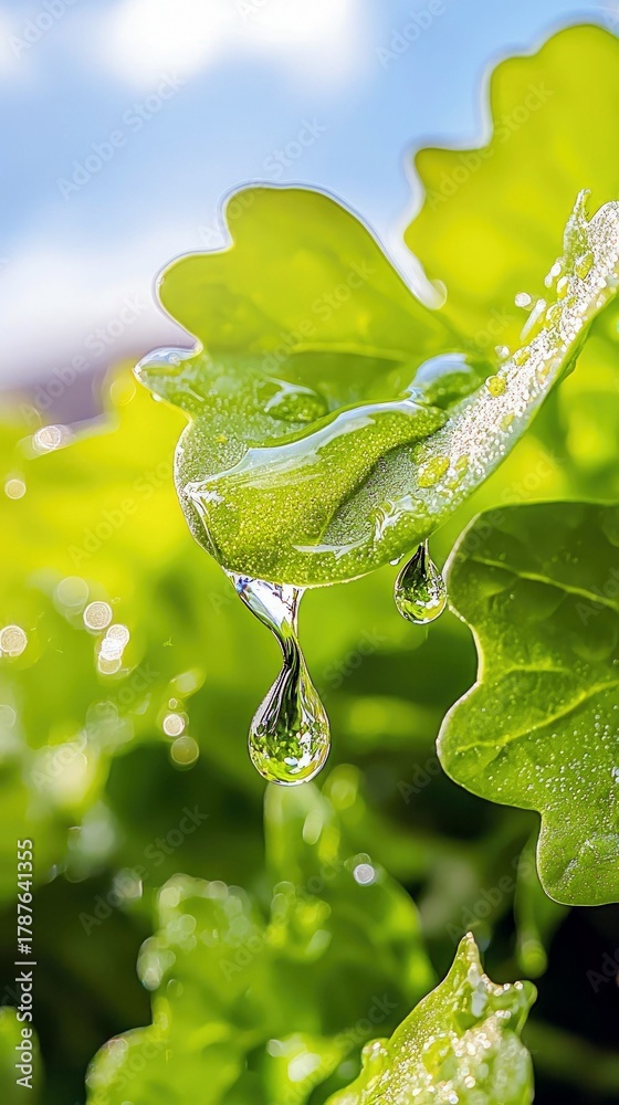 Fototapeta premium A clear water droplet hangs from the edge of a bright green leaf, reflecting the environment, with more water droplets and lush greenery in the background.