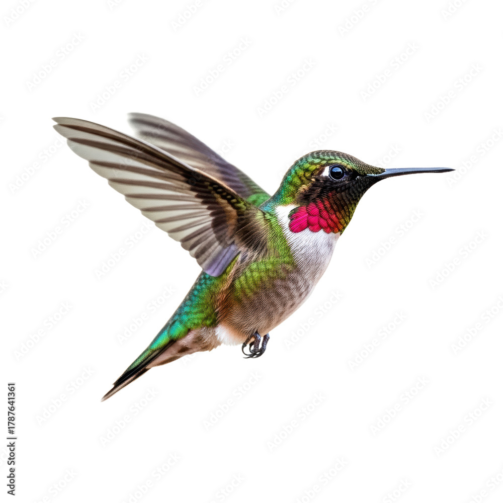 Fototapeta premium Stunning ruby throated hummingbird hovers with vibrant iridescent green plumage and striking red gorget, captured mid-flight.