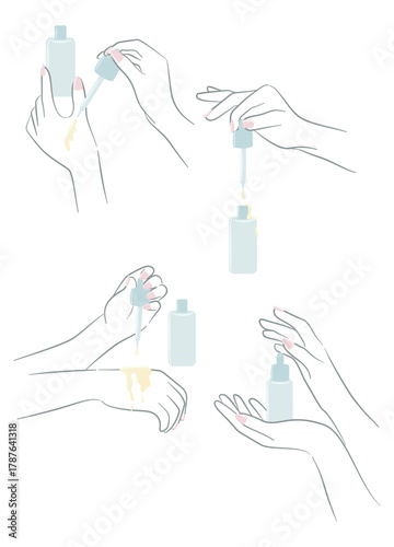 Six minimal illustrations of hands using a skincare dropper bottle, applying serum, and holding cosmetic containers. Shows sequences of skincare application in soft, clean lines.