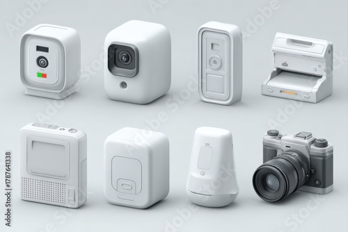 3D Home Security System Icons in White and Grey on White Background