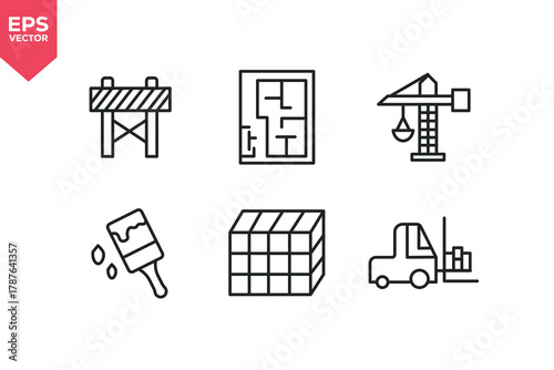 Set of line icons related to forklift, paint brush, under construction, blueprint, tower crane. Editable stroke. Vector illustration
