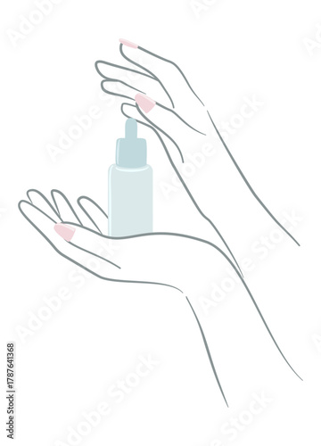 dropper being held above an open palm while dispensing skincare liquid. Clean minimal lines highlight beauty rituals and serum application.